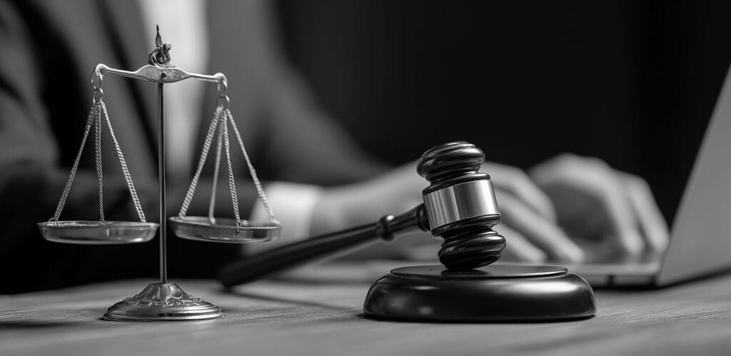A gavel is focused in frame with a person's hands typing blurred in the background, reading Embroker's 2025 Legal Industry Risk Index learning about AI in legal practice.
