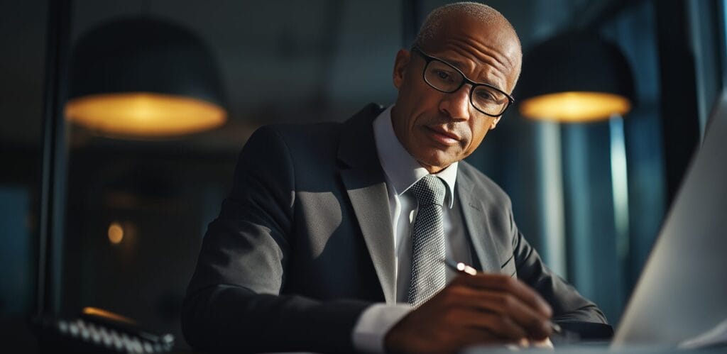 Man in a suit and glasses writing with a pen in a dimly lit office. A laptop and glowing ceiling lights are visible.