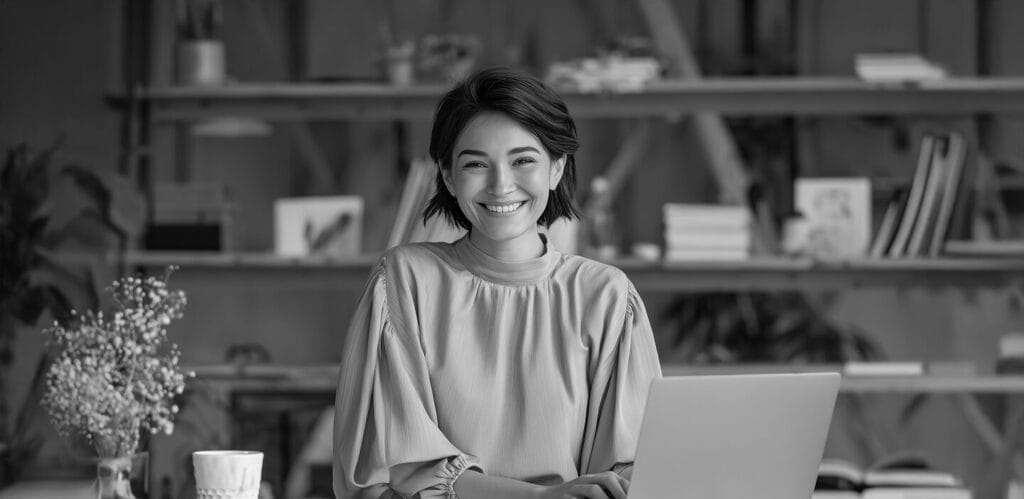 A woman sits at a desk at her computer, in black and white, smiling at the camera. Presumably, she's excited about Embroker's new AI coverage, available through an endorsement in our technology errors & omissions policies.