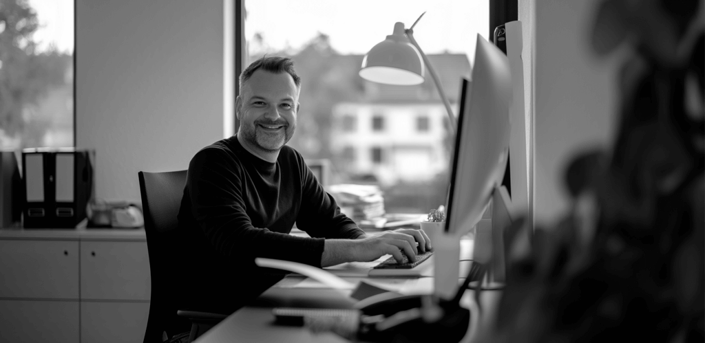 Man seated at a desk in front of a window and smiling at the camera