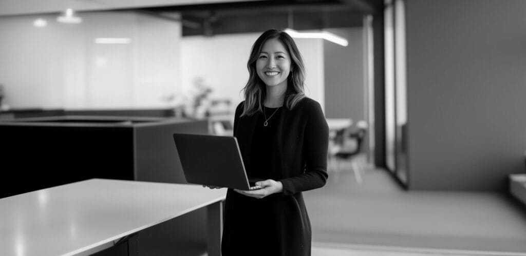 Smiling woman standing by desk holding laptop