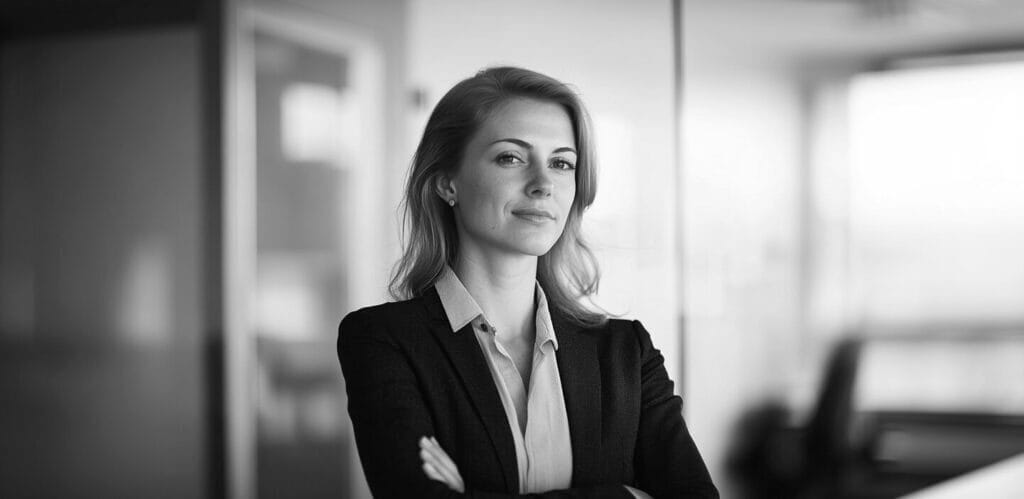 Woman wearing professional clothing crosses her arms and smiles at the camera
