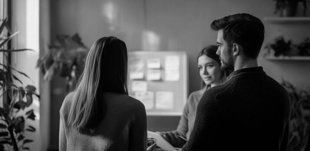 A group of people are discussing potential professional liability claims in front of a planning board filled with professional liability claims examples.