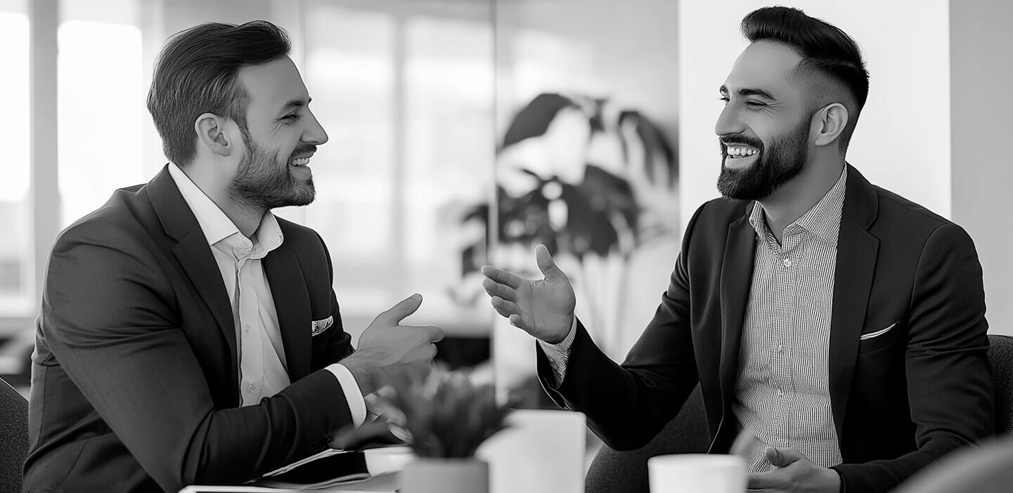 Two men having a conversation at a table with coffee cups in front of them