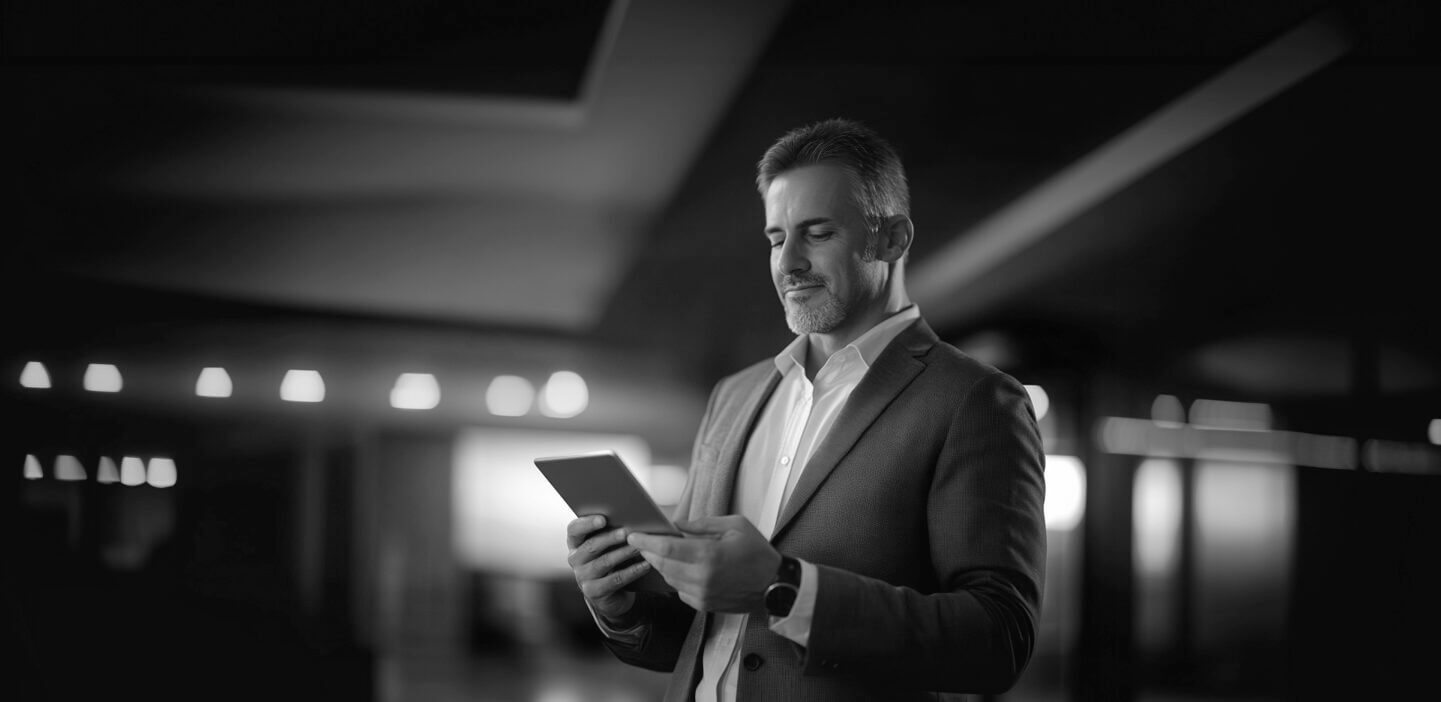 Man looking down at his tablet