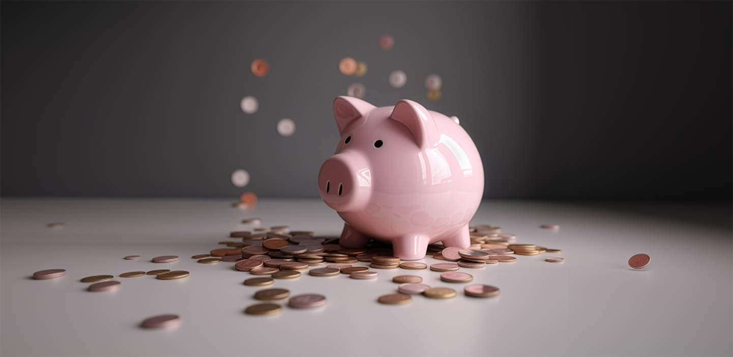 Shiny pink ceramic piggy bank sits on a gray surface, surrounded by a pile of copper and silver coins. More coins are falling from above against a dark gray background.