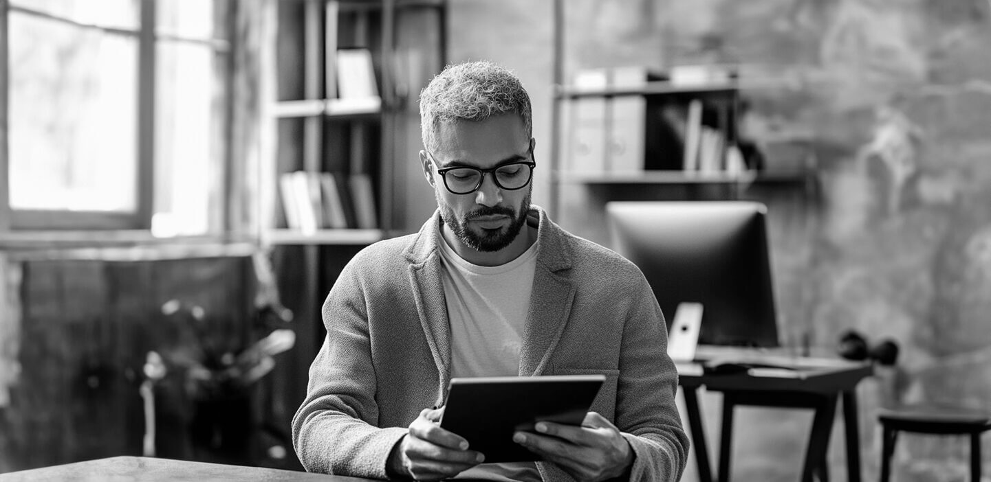 Man reading from his tablet